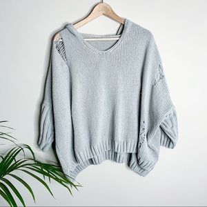 OVERSIZED DISTRESSED KNIT HOODIE PULLOVER